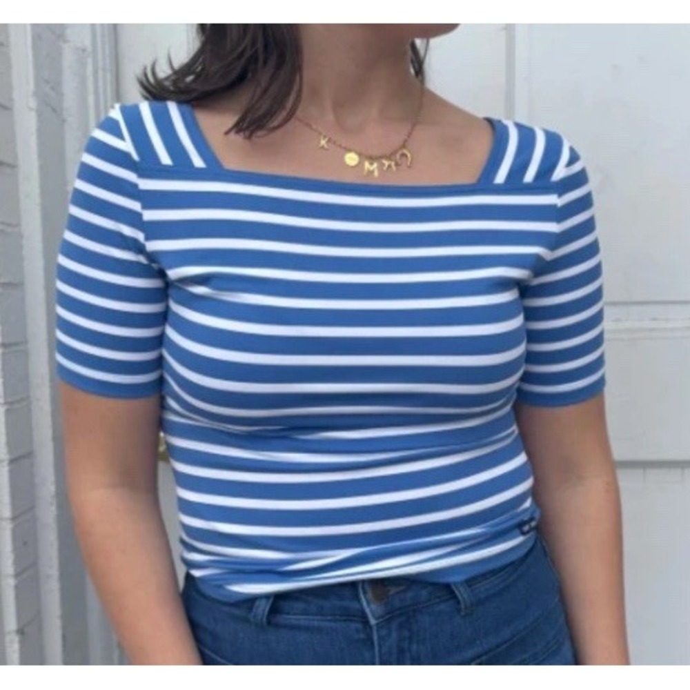 Saint James L'Atelier Striped Shirt Made in France Sz Women's US 8 Blue White
